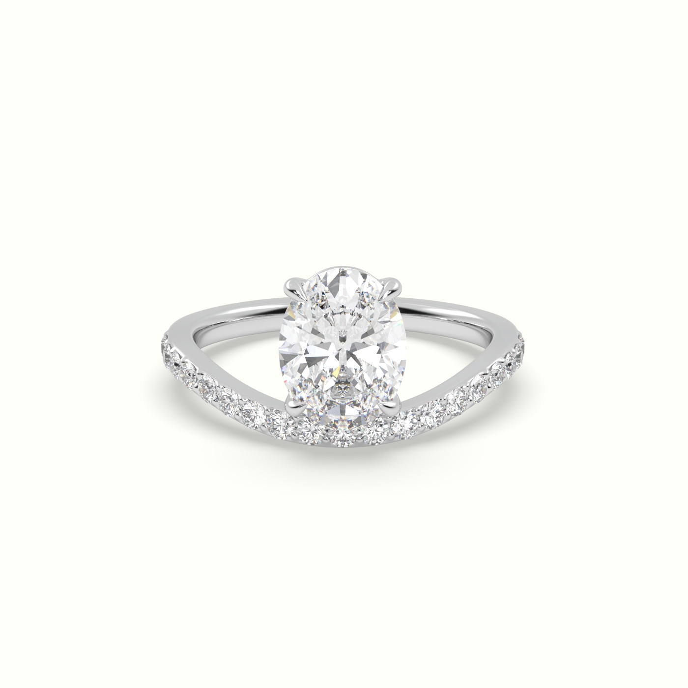 18k white gold oval diamond solitaire curved pavé ring