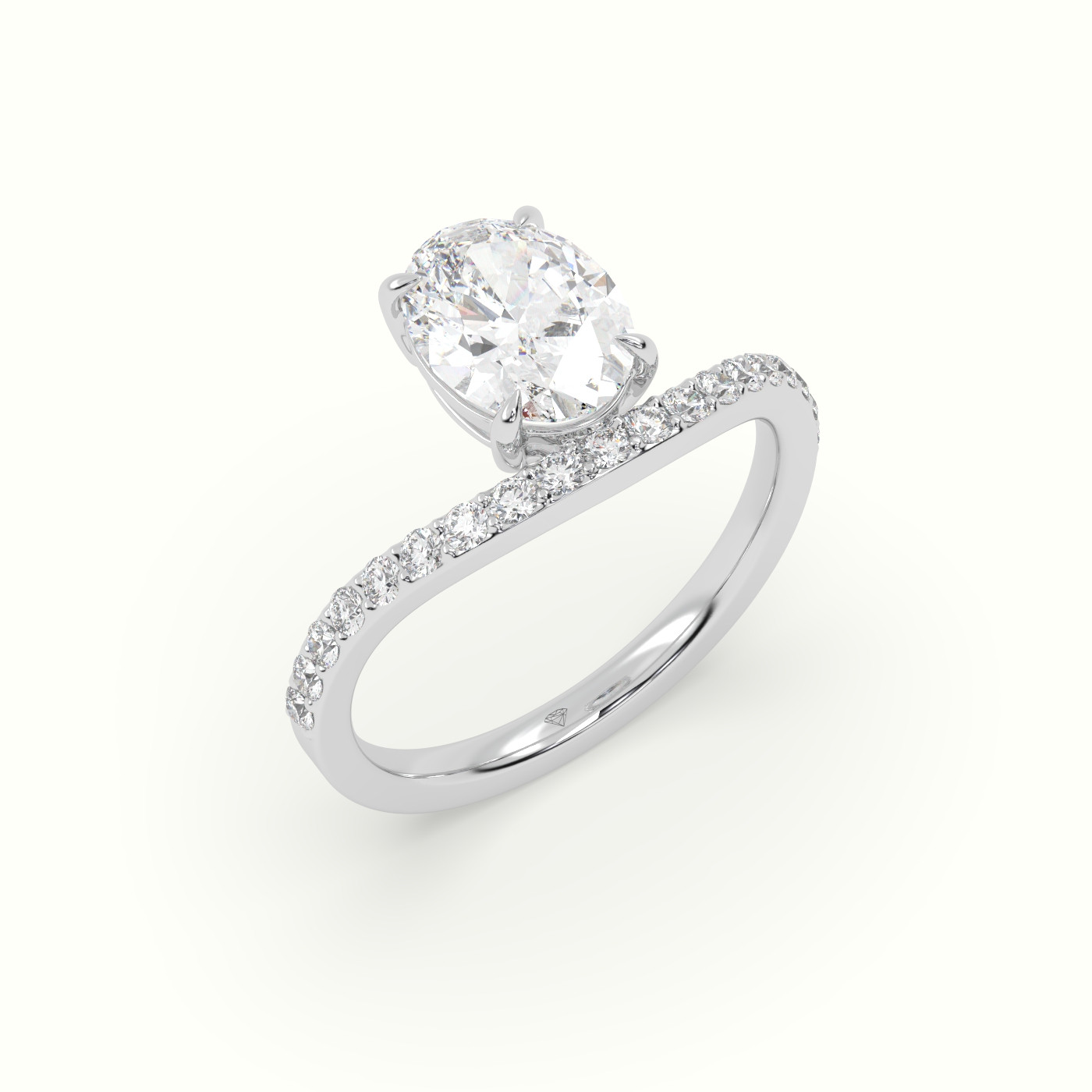 10k white gold oval diamond solitaire curved pavé ring Photos & images