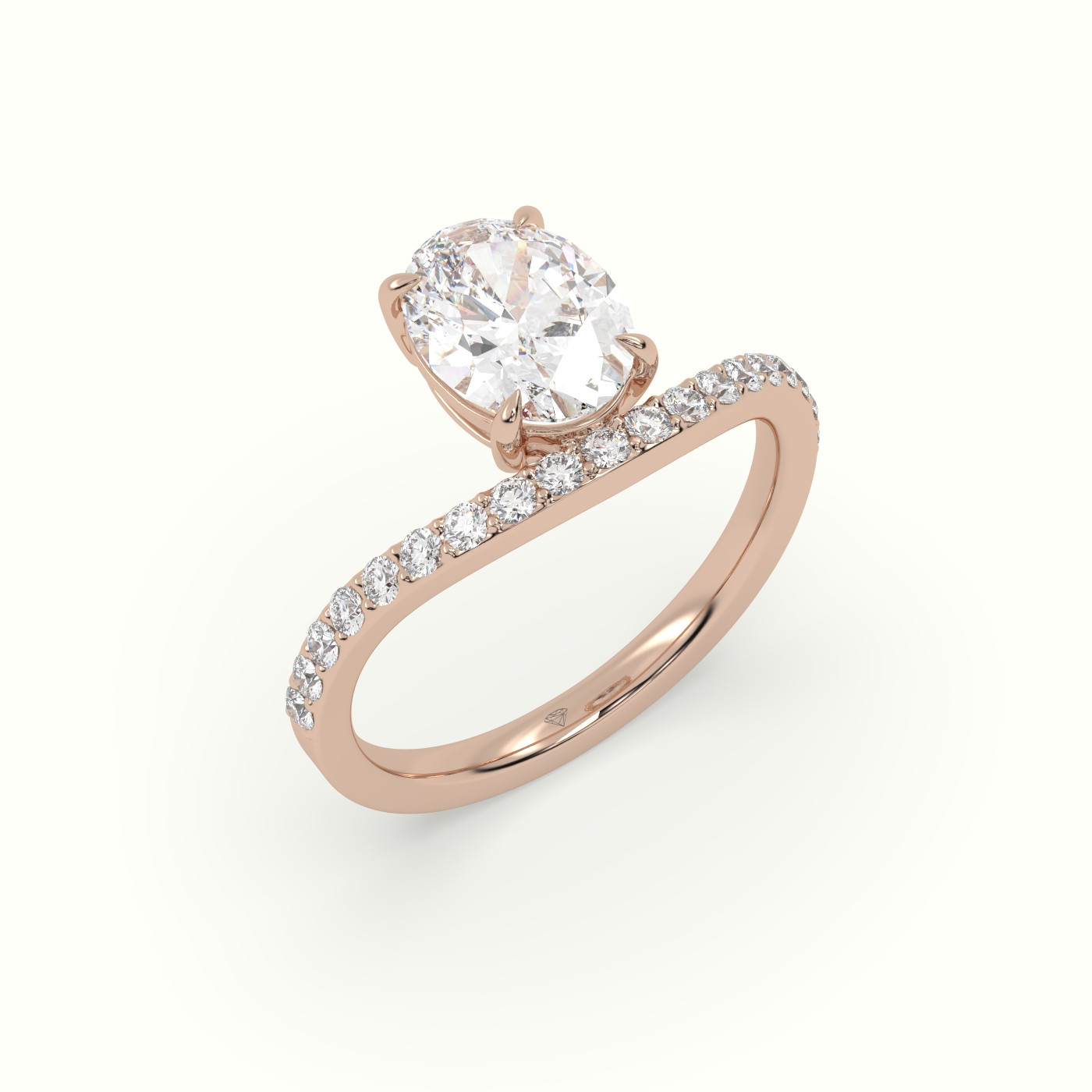 10k rose gold oval diamond solitaire curved pavé ring Photos & images