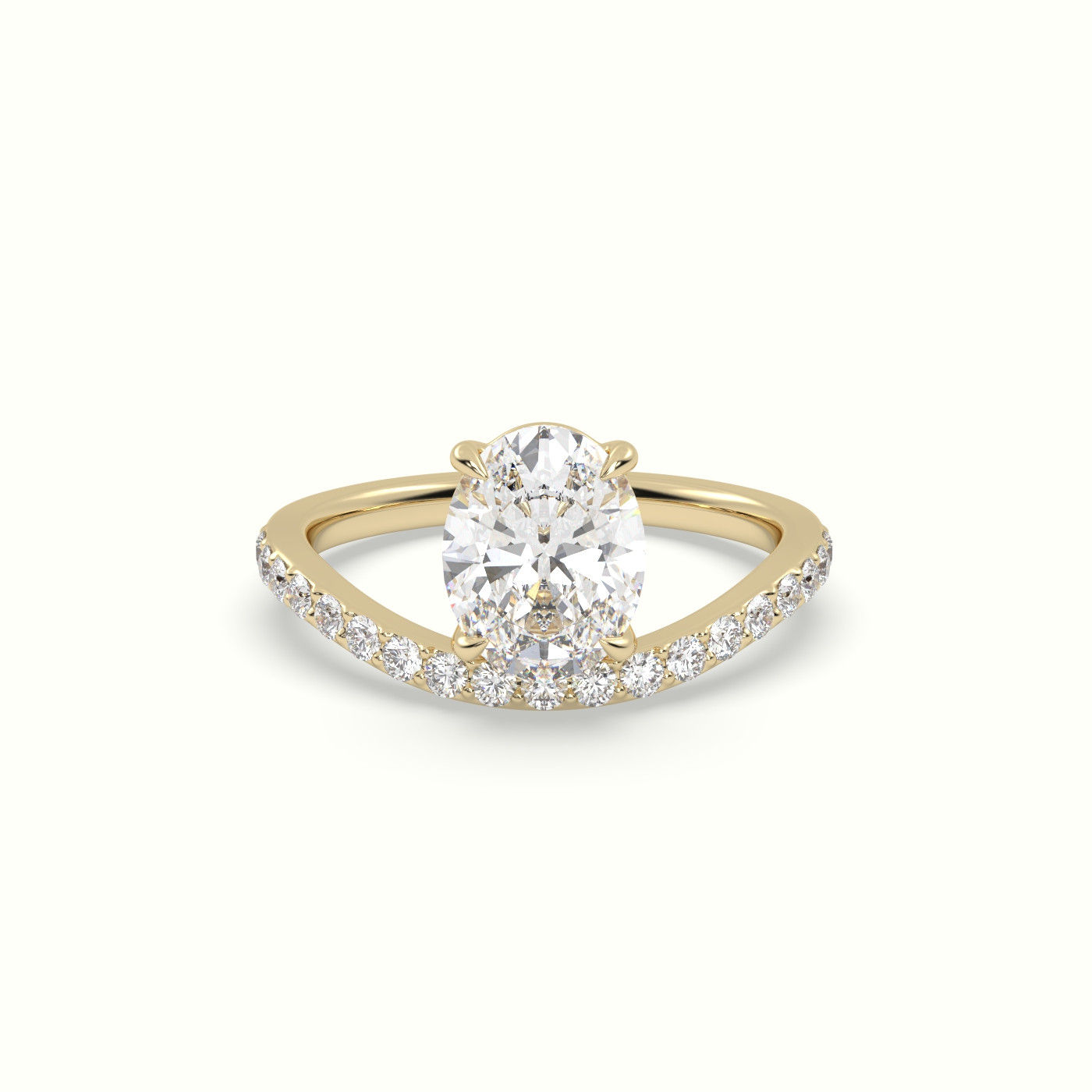 10k yellow gold oval diamond solitaire curved pavé ring