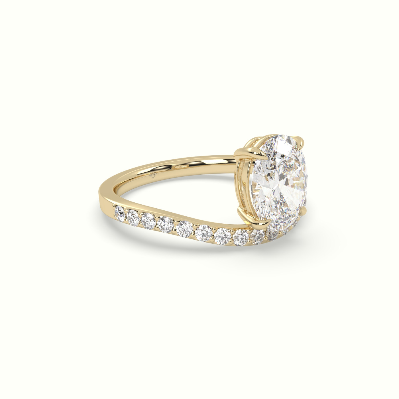 10k yellow gold oval diamond solitaire curved pavé ring Photos & images