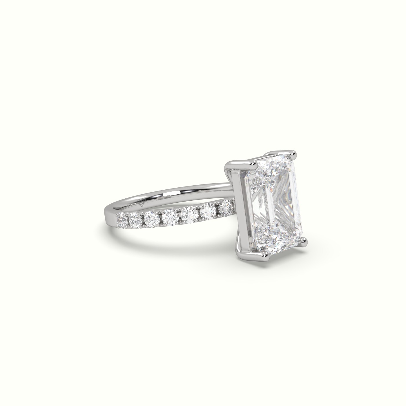 10K WHITE GOLD Emerald Cut Diamond Engagement Ring with Pave Band