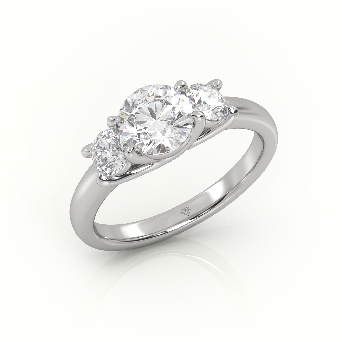 18K WHITE GOLD ROUND CUT DIAMOND 4 PRONGS SIDE STONES ENGAGEMENT RING