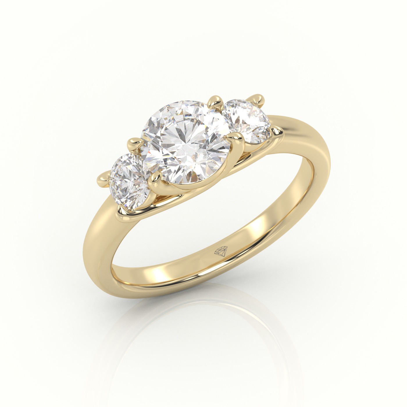 18K YELLOW GOLD ROUND CUT DIAMOND 4 PRONGS SIDE STONES ENGAGEMENT RING