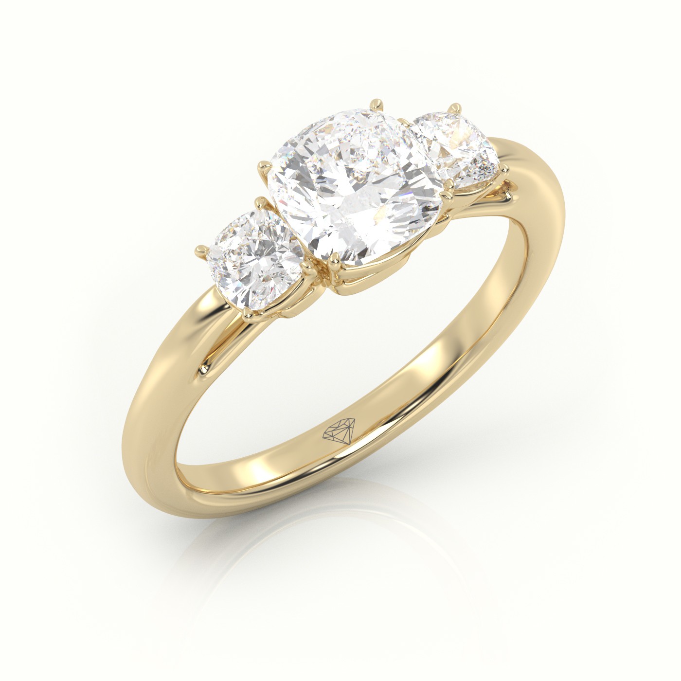10K YELLOW GOLD CUSHION CUT DIAMOND 4 PRONGS SIDE STONE ENGAGEMENT RING
