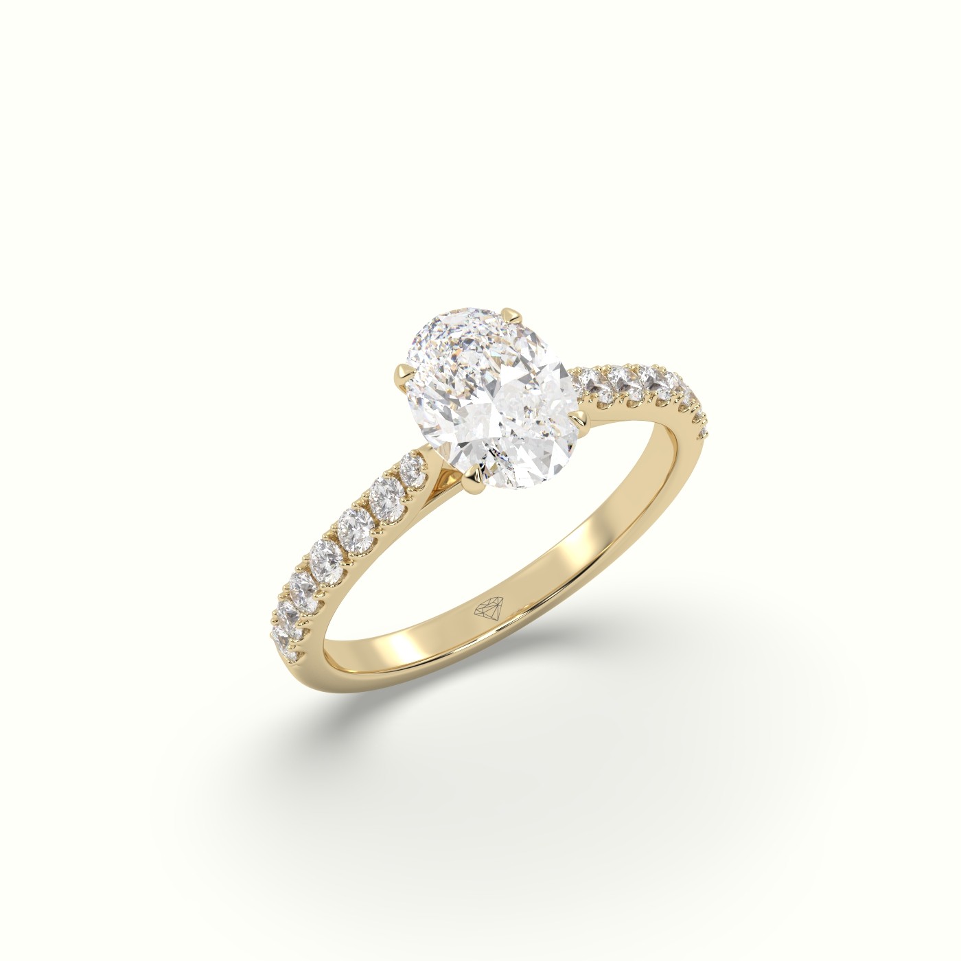 10K Yellow Gold Oval Diamond 4 round prongs Ring with Pave Setting
