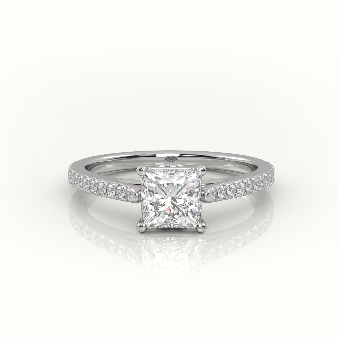18K WHITE GOLD PRINCESS CUT DIAMOND 4 PRONGS PAVE SETTING ENGAGEMENT RING