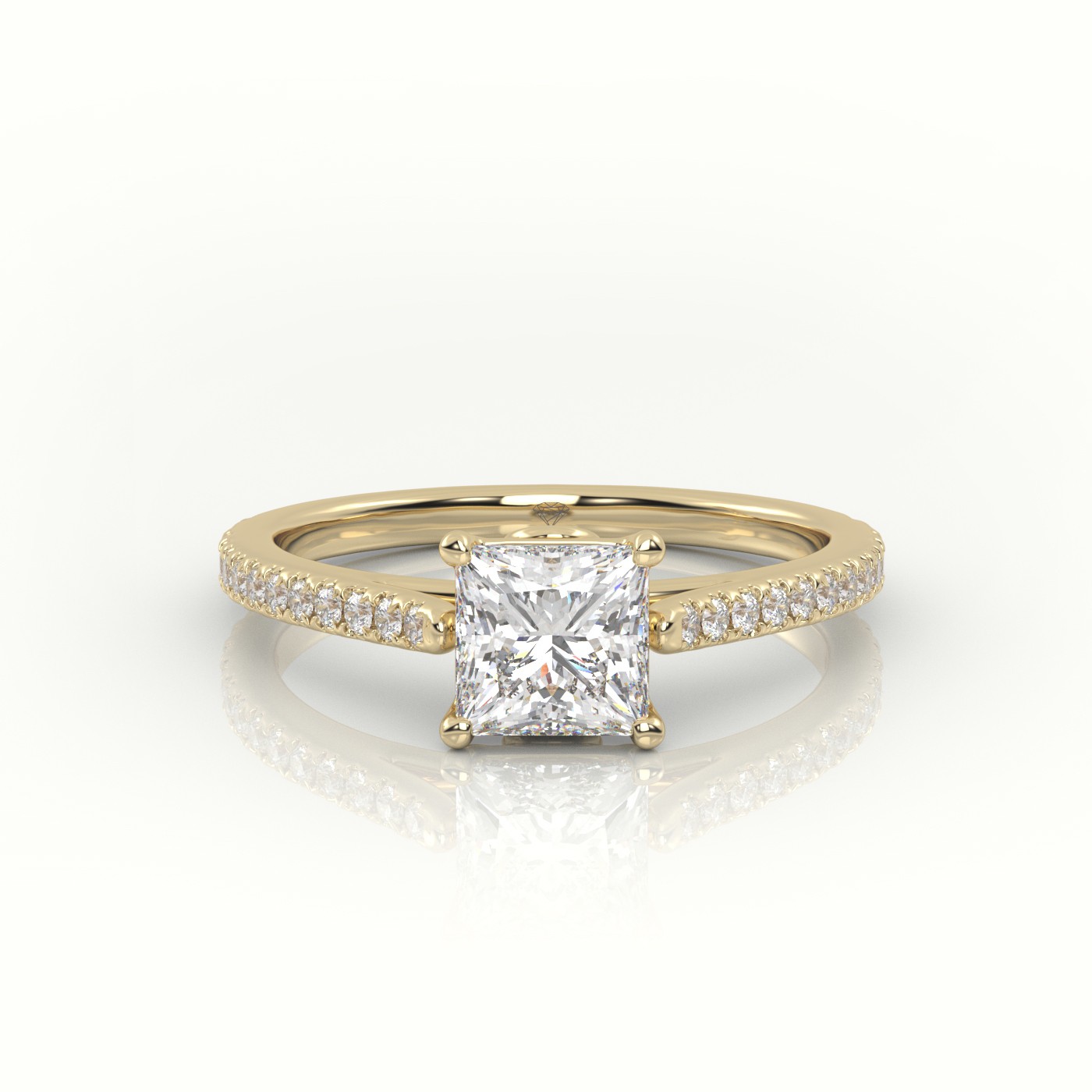 18K YELLOW GOLD PRINCESS CUT DIAMOND 4 PRONGS PAVE SETTING ENGAGEMENT RING
