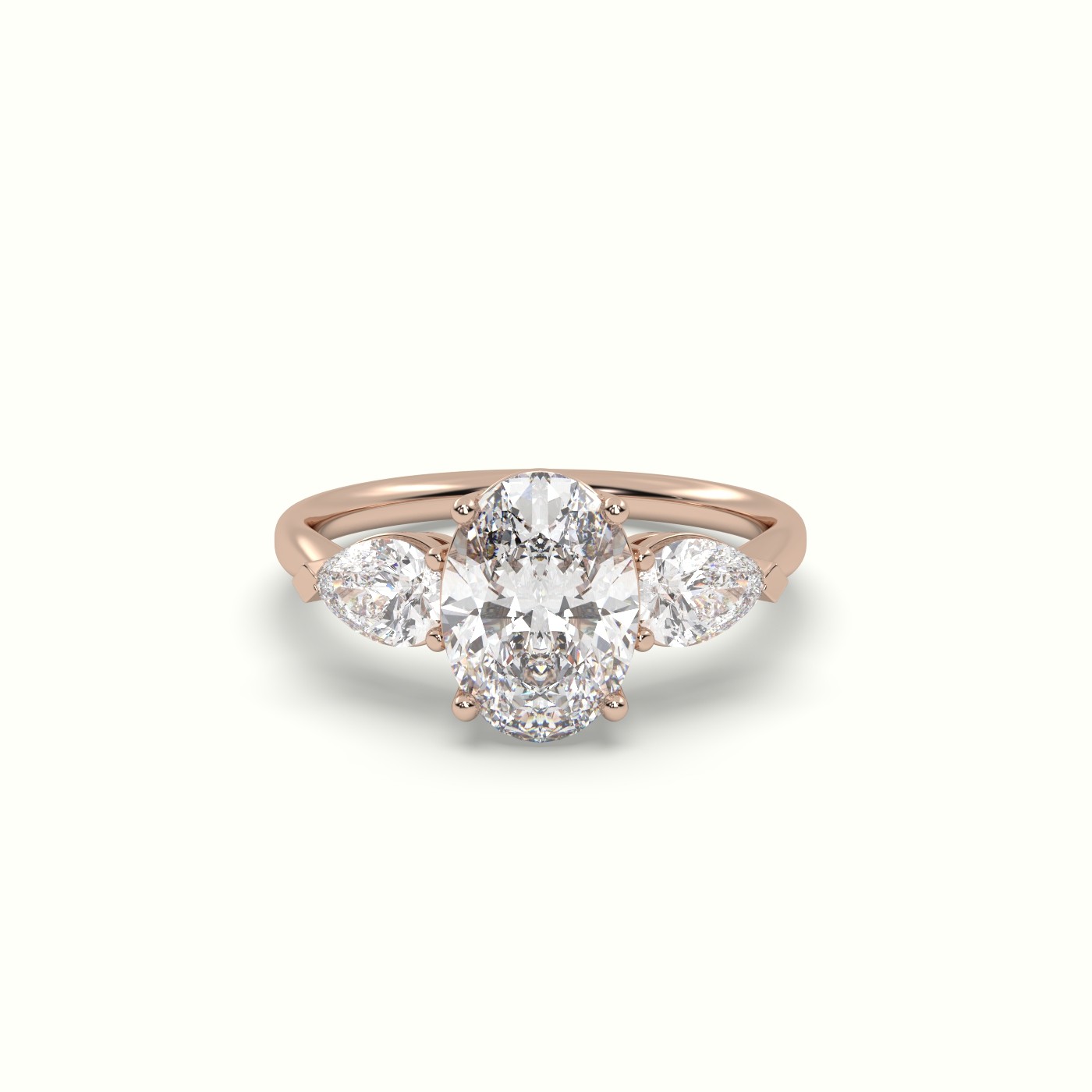 10K ROSE GOLD Oval Diamond 4 round prongs Trilogy Ring pear shape side stone | Precious Jewels Antwerp