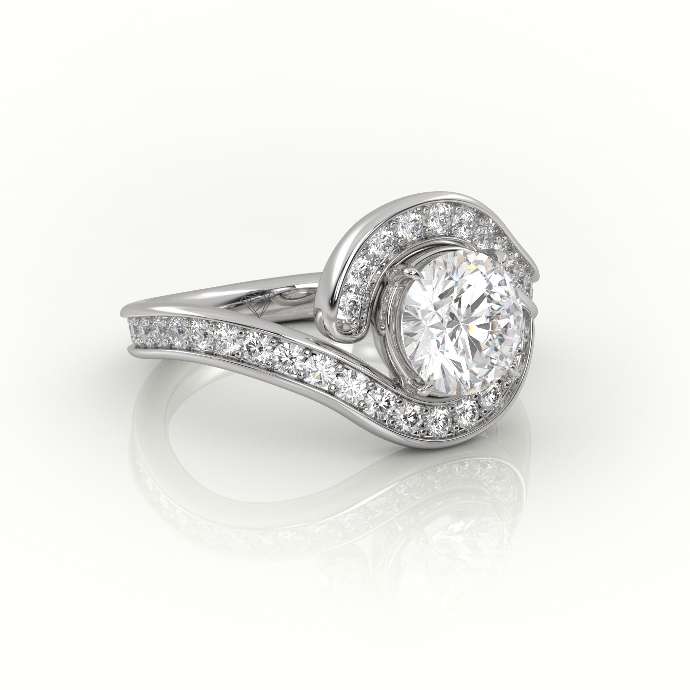 18K WHITE GOLD ROUND DIAMOND 4 PRONGS SWIRL DESIGN ENGAGEMENT RING