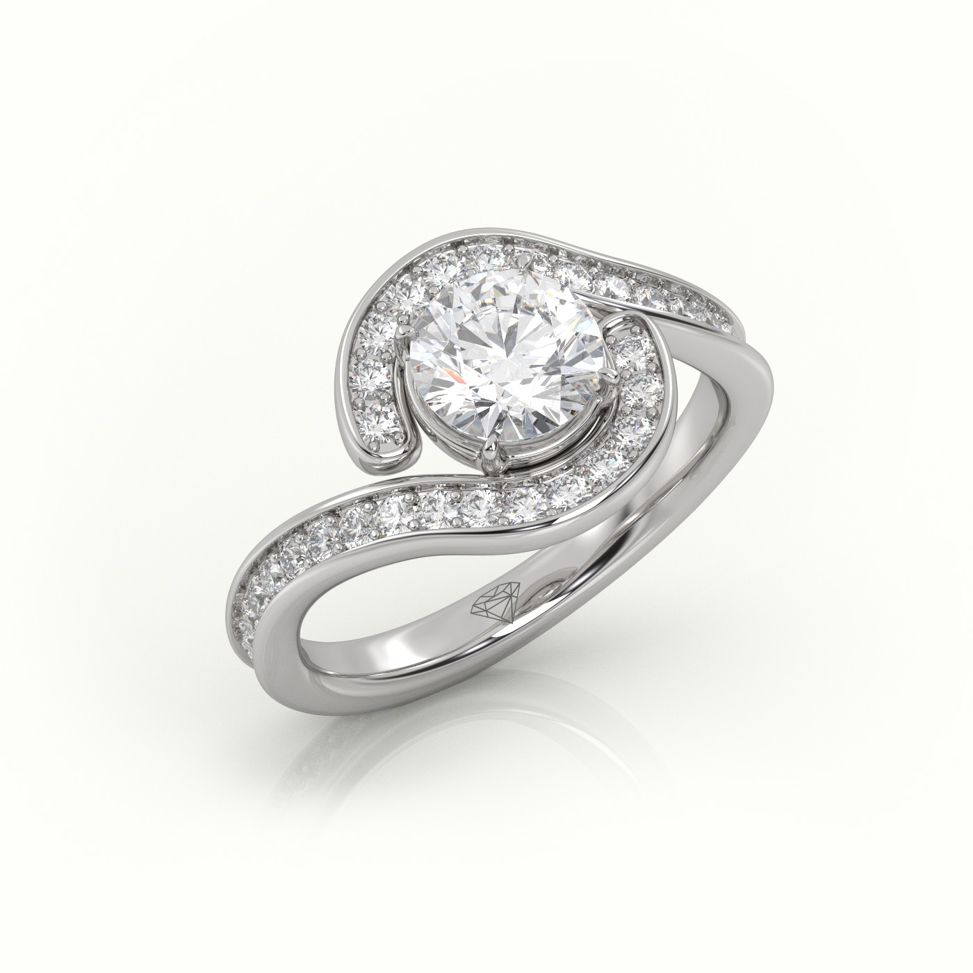 18K WHITE GOLD ROUND DIAMOND 4 PRONGS SWIRL DESIGN ENGAGEMENT RING