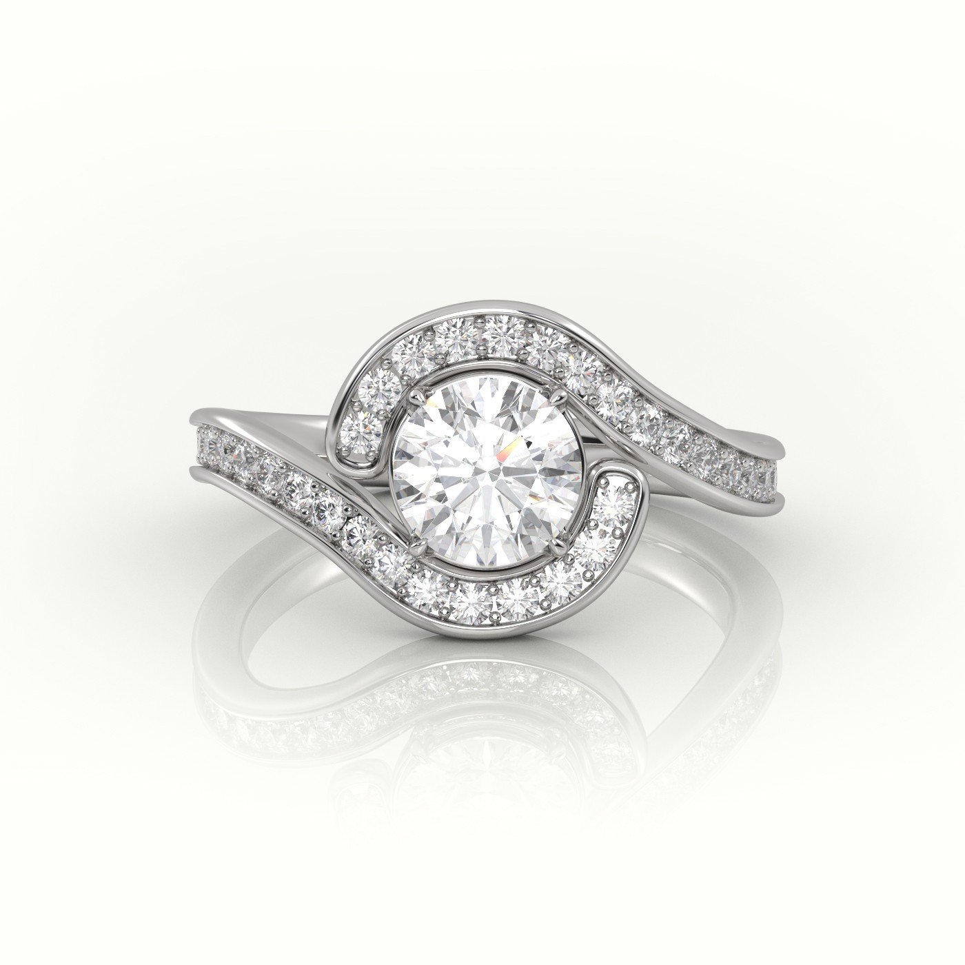 18K WHITE GOLD ROUND DIAMOND 4 PRONGS SWIRL DESIGN ENGAGEMENT RING
