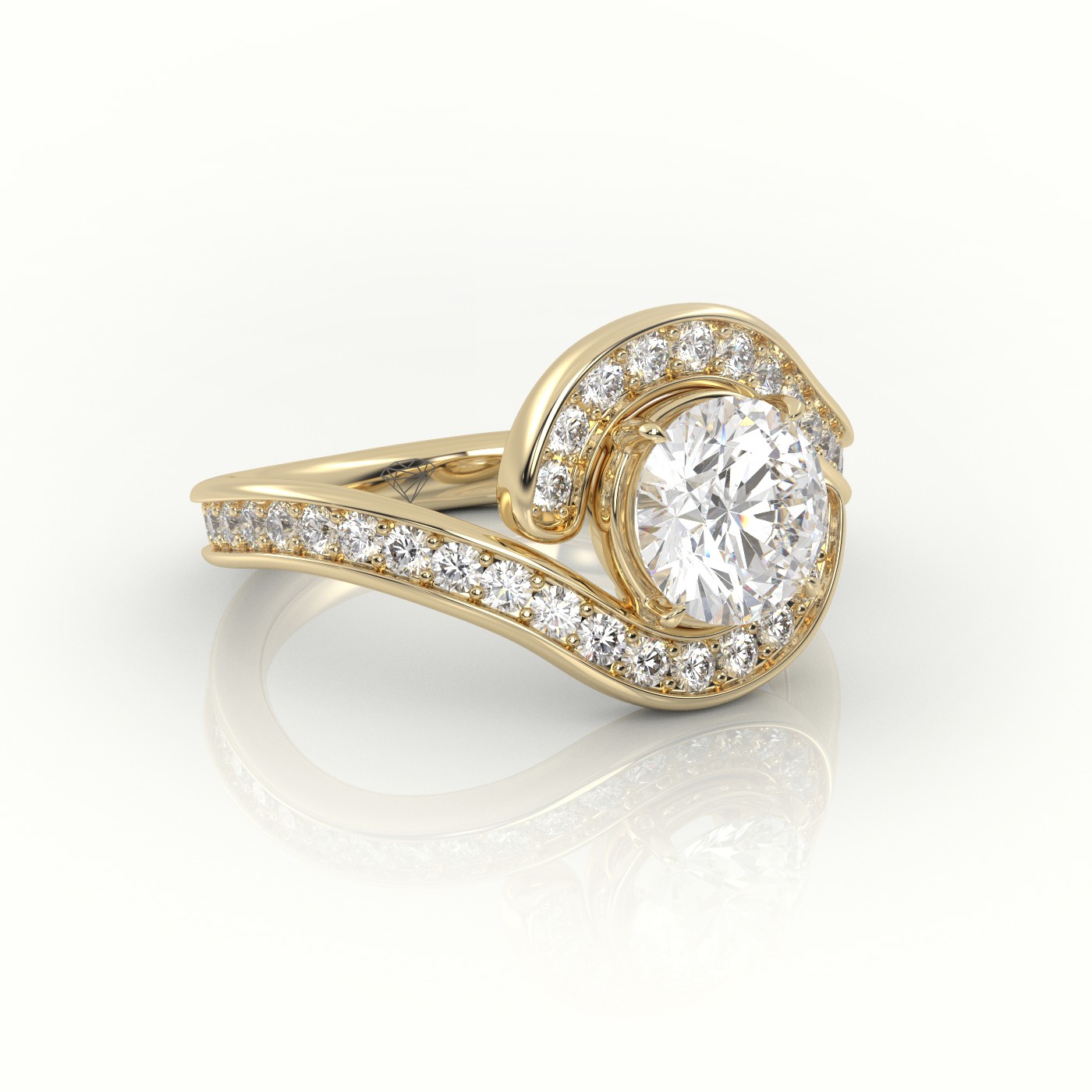 18K YELLOW GOLD ROUND DIAMOND 4 PRONGS SWIRL DESIGN ENGAGEMENT RING
