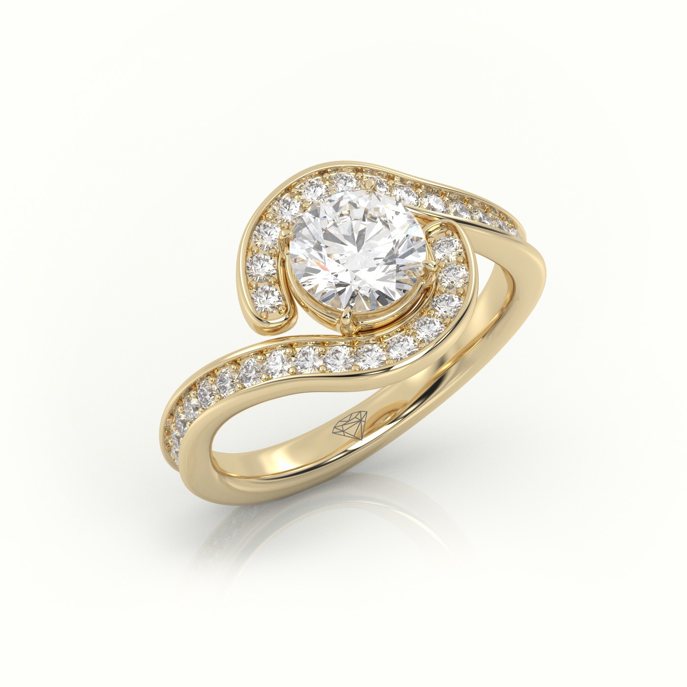 18K YELLOW GOLD ROUND DIAMOND 4 PRONGS SWIRL DESIGN ENGAGEMENT RING