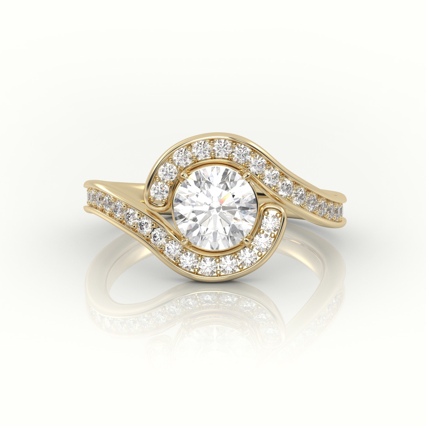 18K YELLOW GOLD ROUND DIAMOND 4 PRONGS SWIRL DESIGN ENGAGEMENT RING