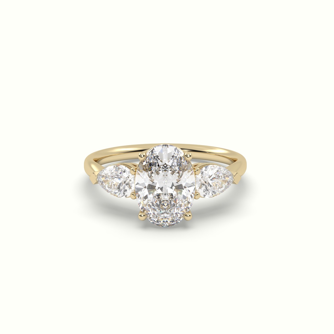 18K YELLOW GOLD Oval Diamond 4 round prongs Trilogy Ring pear shape side stone