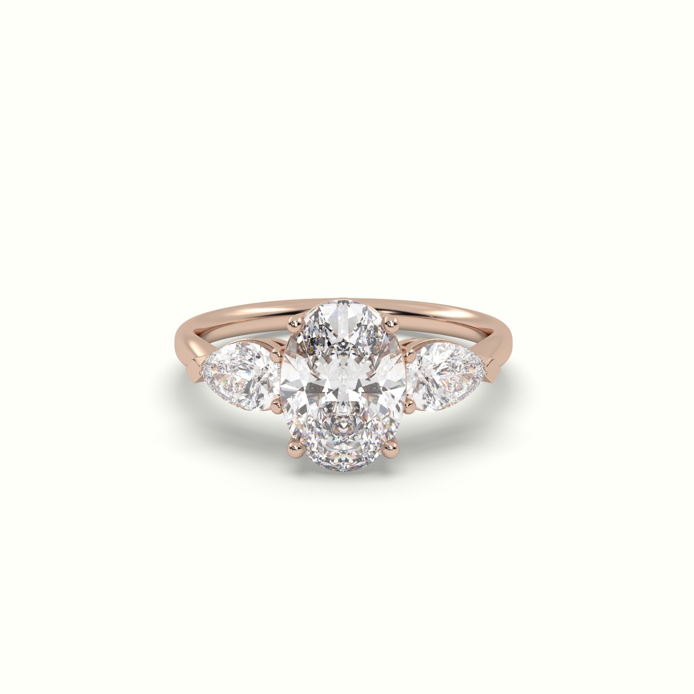 18K ROSE GOLD Oval Diamond 4 round prongs Trilogy Ring pear shape side stone | Precious Jewels Antwerp