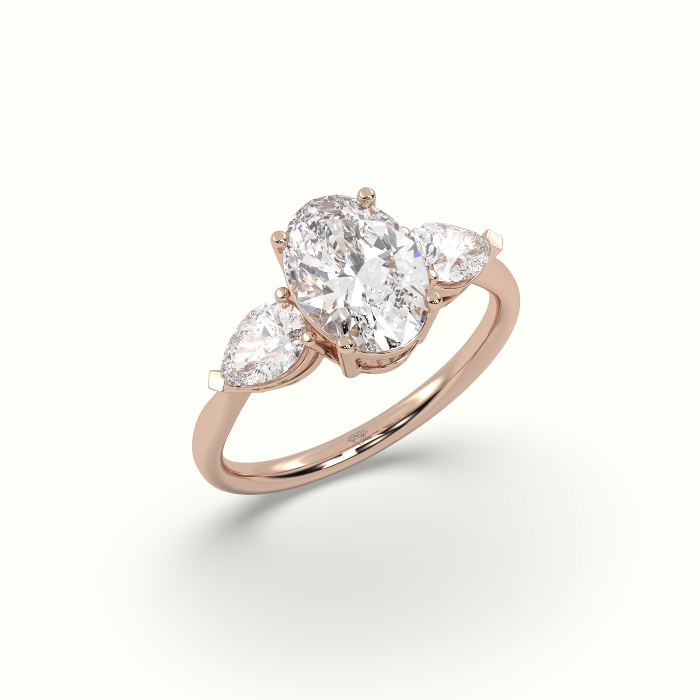 18K ROSE GOLD Oval Diamond 4 round prongs Trilogy Ring pear shape side stone | Precious Jewels Antwerp