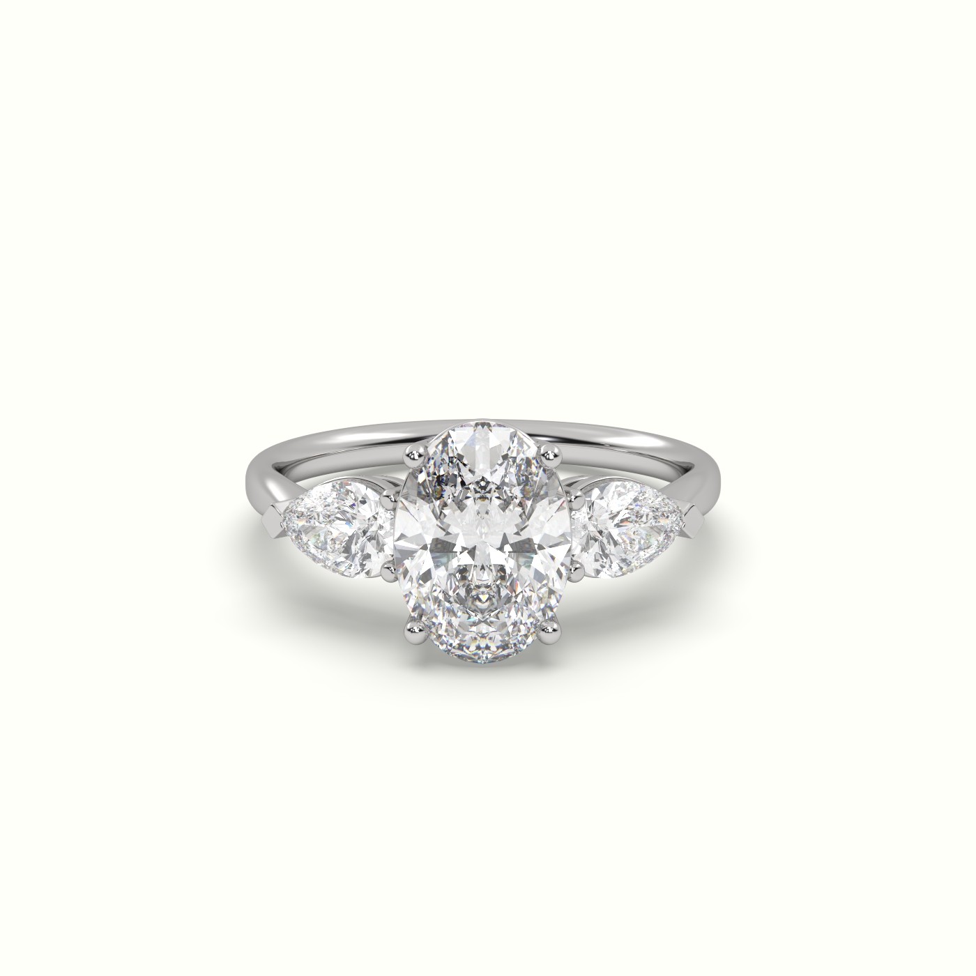 18K WHITE GOLD Oval Diamond 4 round prongs Trilogy Ring pear shape side stone | Precious Jewels Antwerp