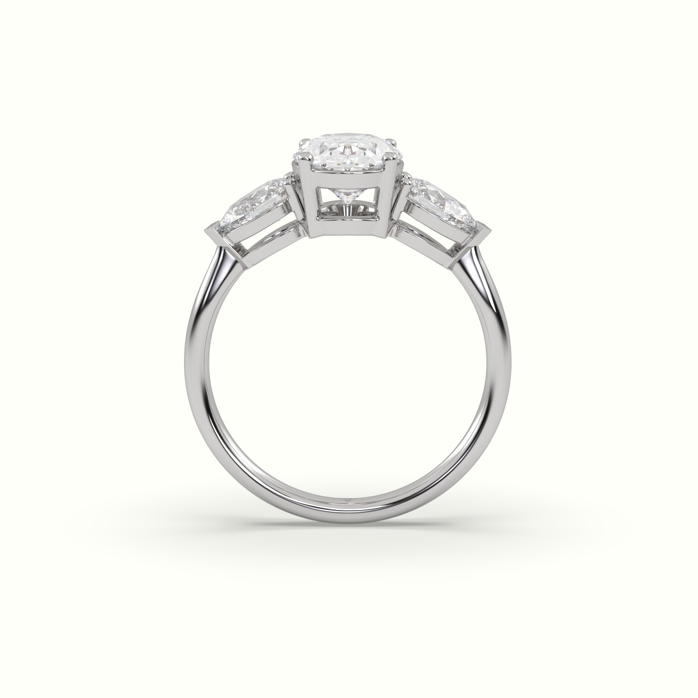 18K WHITE GOLD Oval Diamond 4 round prongs Trilogy Ring pear shape side stone | Precious Jewels Antwerp