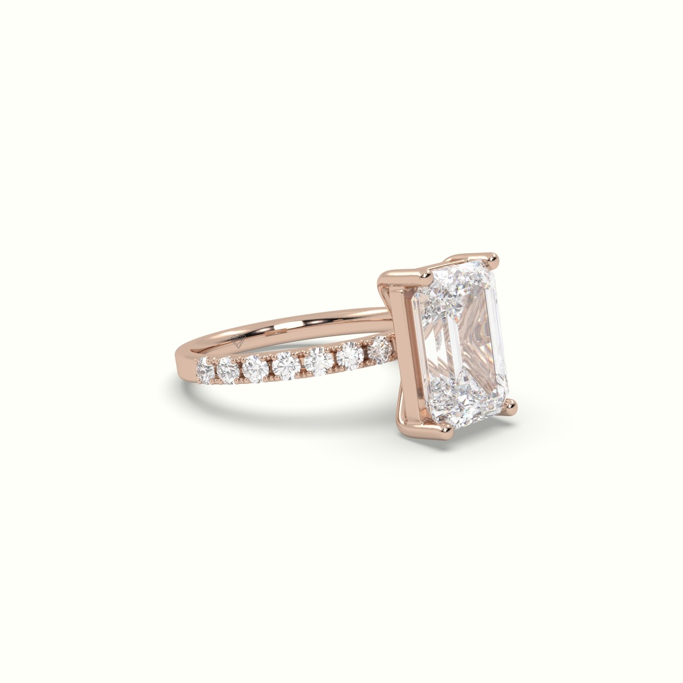 18K ROSE GOLD Emerald Cut Diamond Engagement Ring with Pave Band