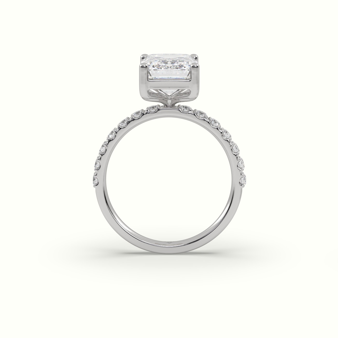 18K WHITE GOLD Emerald Cut Diamond Engagement Ring with Pave Band