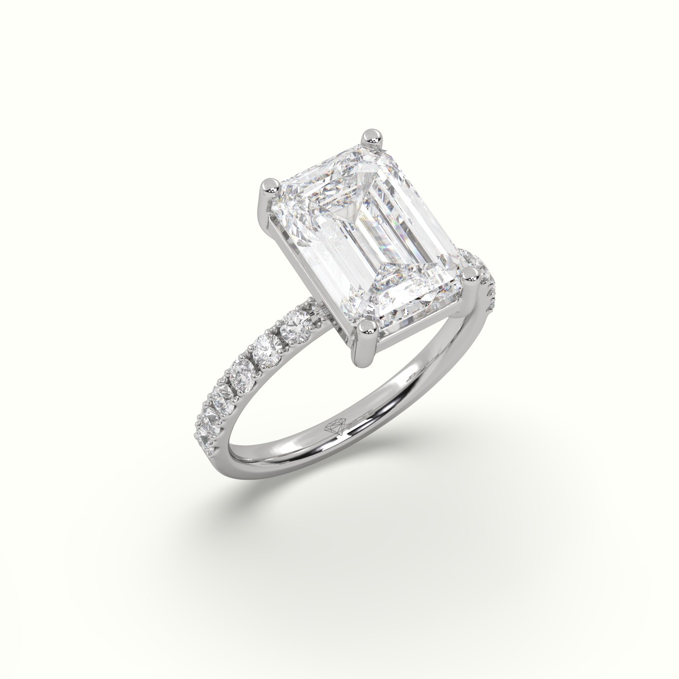 18K WHITE GOLD Emerald Cut Diamond Engagement Ring with Pave Band