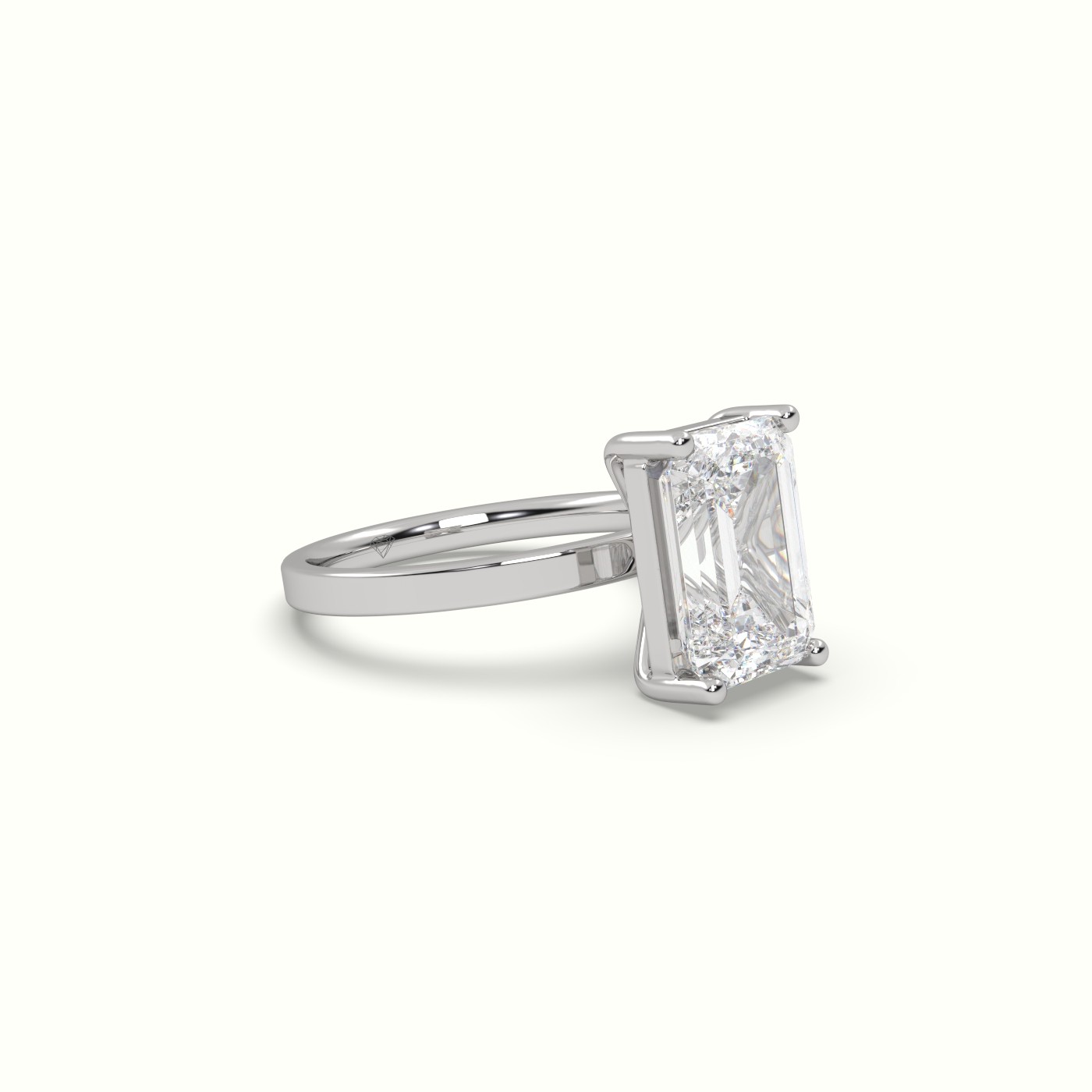 18K WHITE GOLD Emerald Cut Diamond Solitaire Plain Band