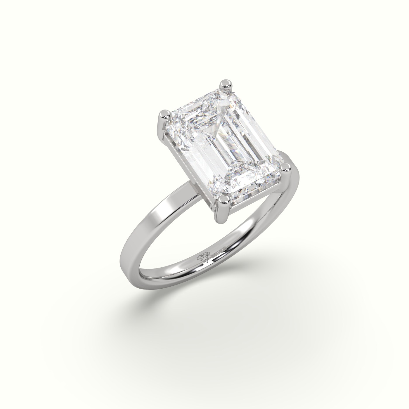18K WHITE GOLD Emerald Cut Diamond Solitaire Plain Band