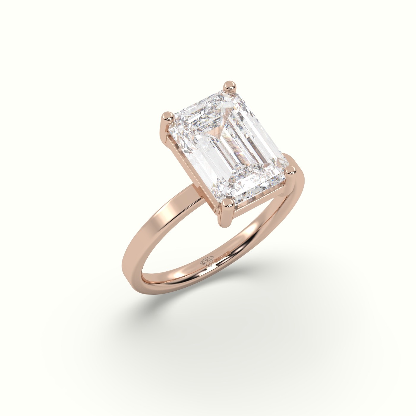 18K ROSE GOLD Emerald Cut Diamond Solitaire Plain Band