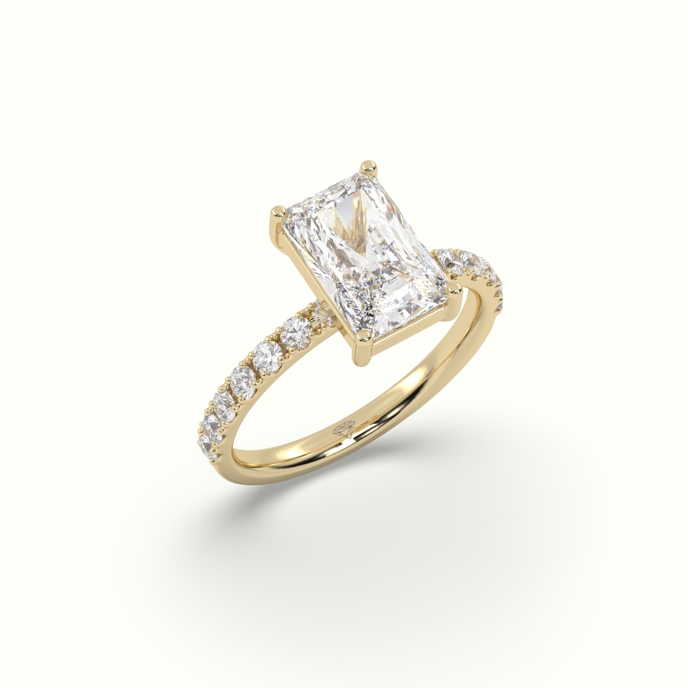 18K Yellow Gold Radiant Diamond 4 prongs Ring with Pave Accents