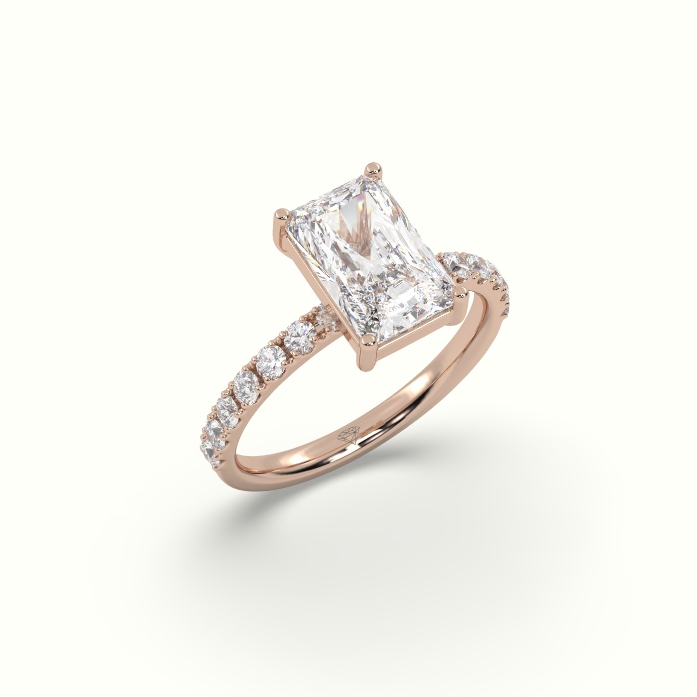 18K Rose Gold Radiant Diamond 4 prongs Ring with Pave Accents