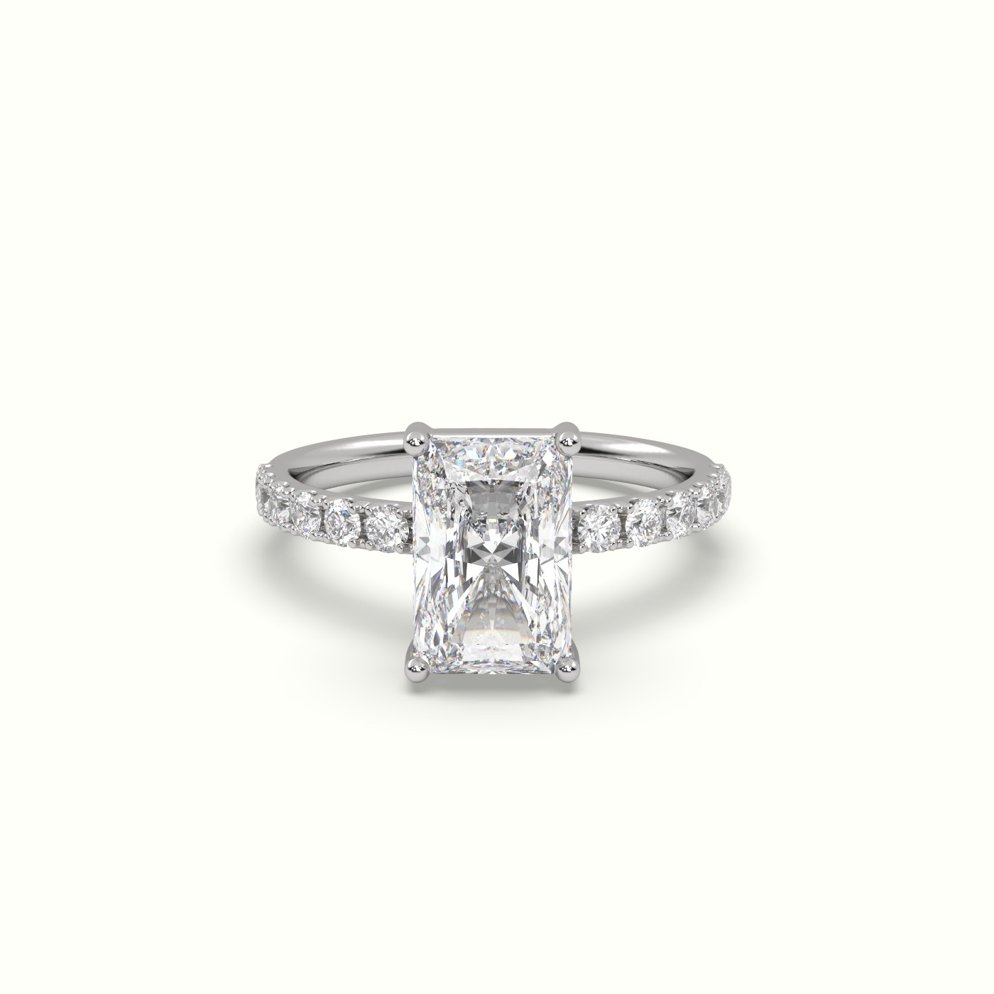 18K White Gold Radiant Diamond 4 prongs Ring with Pave Accents