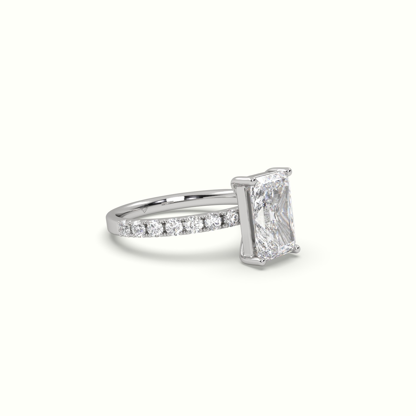 18K White Gold Radiant Diamond 4 prongs Ring with Pave Accents