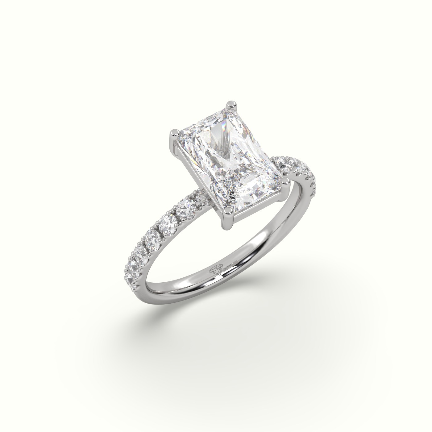 18K White Gold Radiant Diamond 4 prongs Ring with Pave Accents