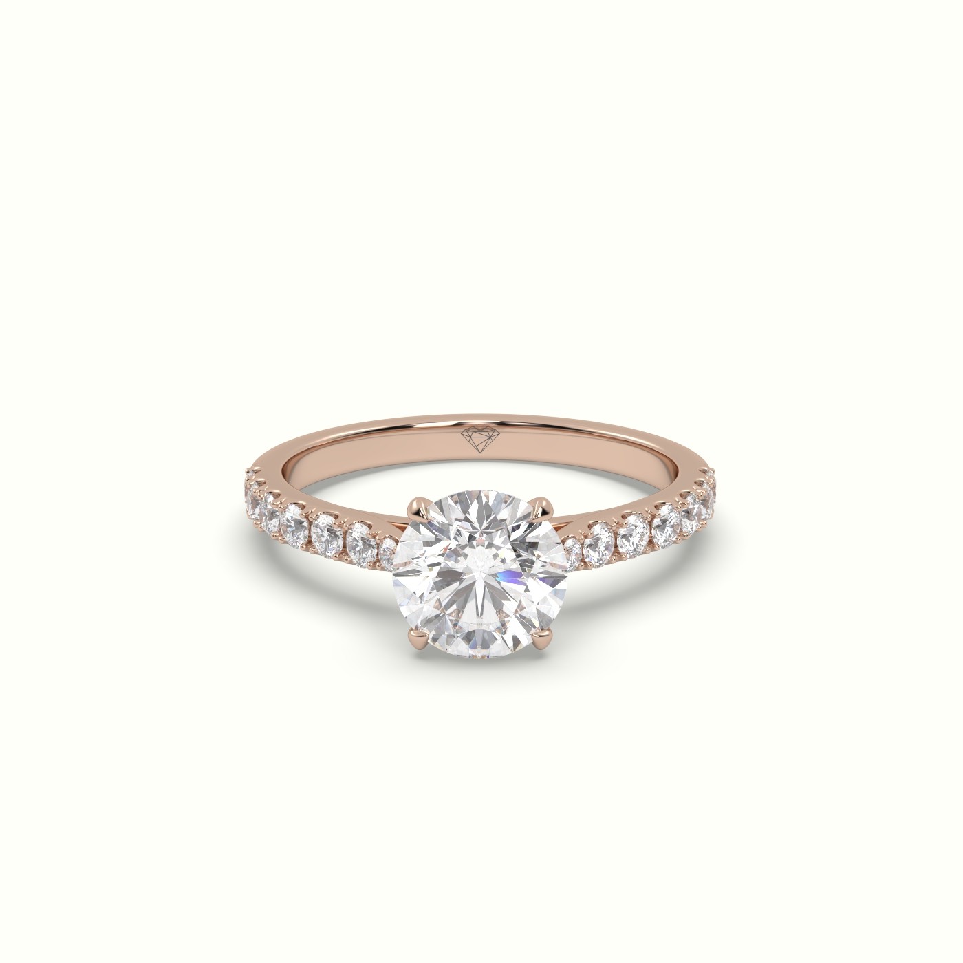 18K Rose Gold Round Cut Diamond 4 round prongs Pave Band Ring