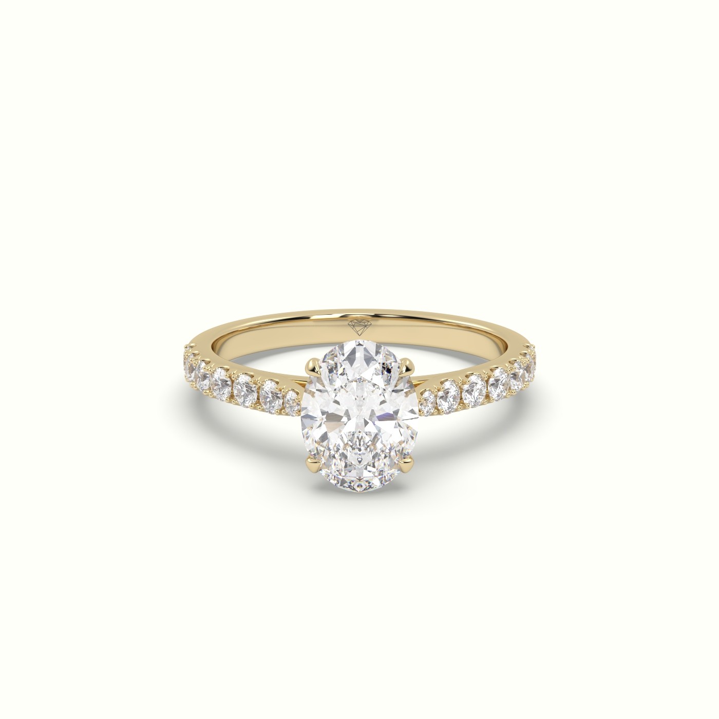18K Yellow Gold Oval Diamond 4 round prongs Ring with Pave Setting