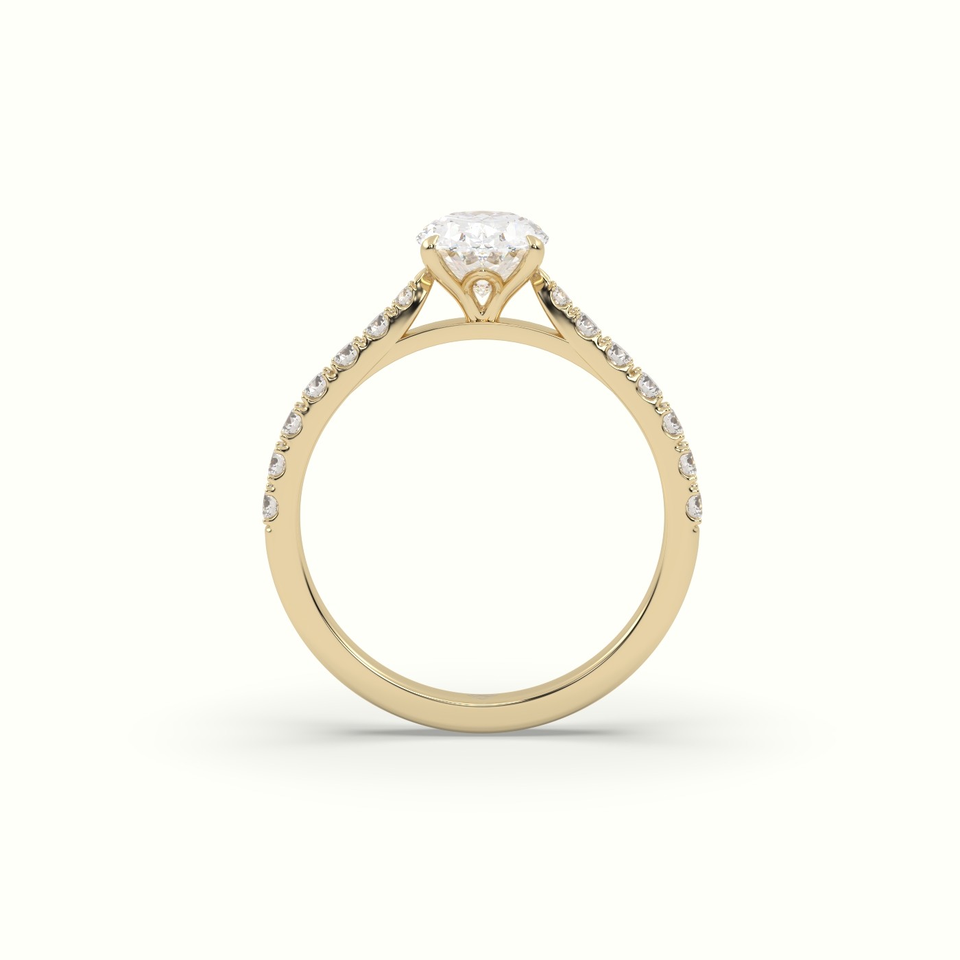 18K Yellow Gold Oval Diamond 4 round prongs Ring with Pave Setting