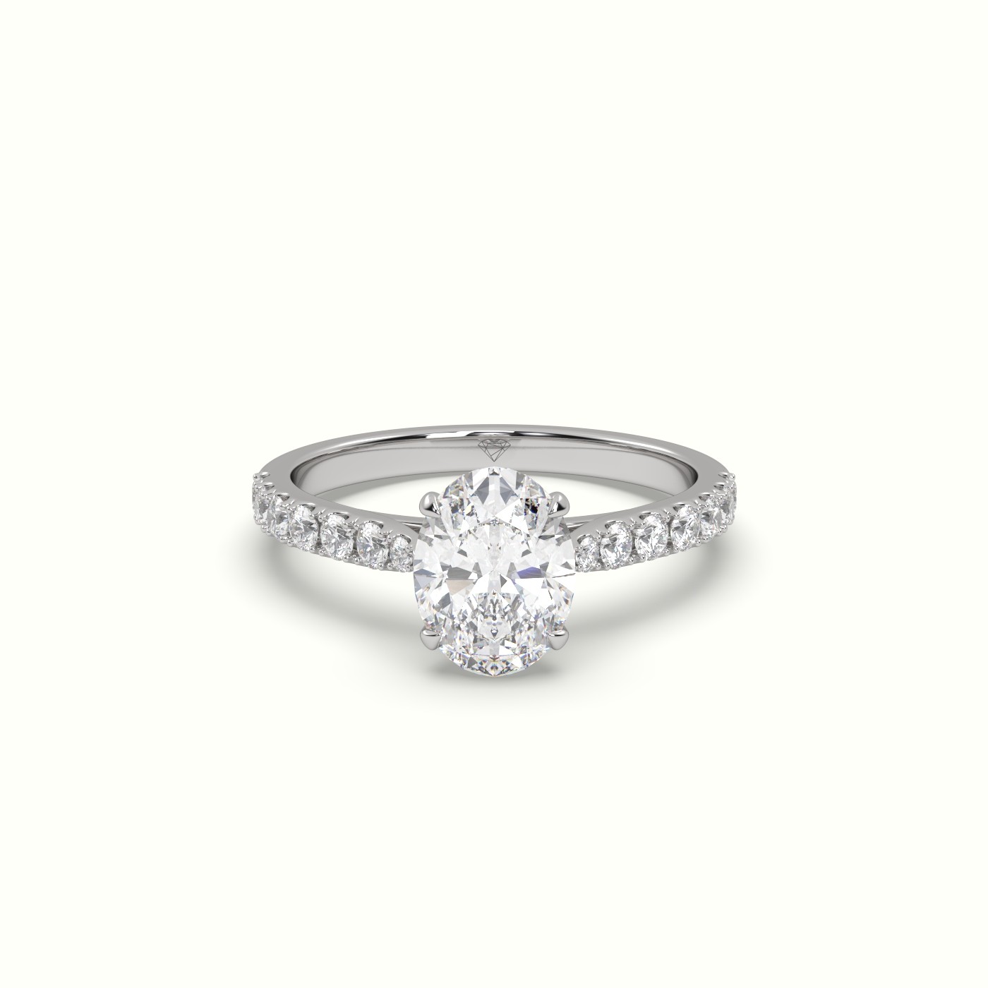 18K White Gold Oval Cut Diamond Engagement 4 round prongs Ring with Pave Set