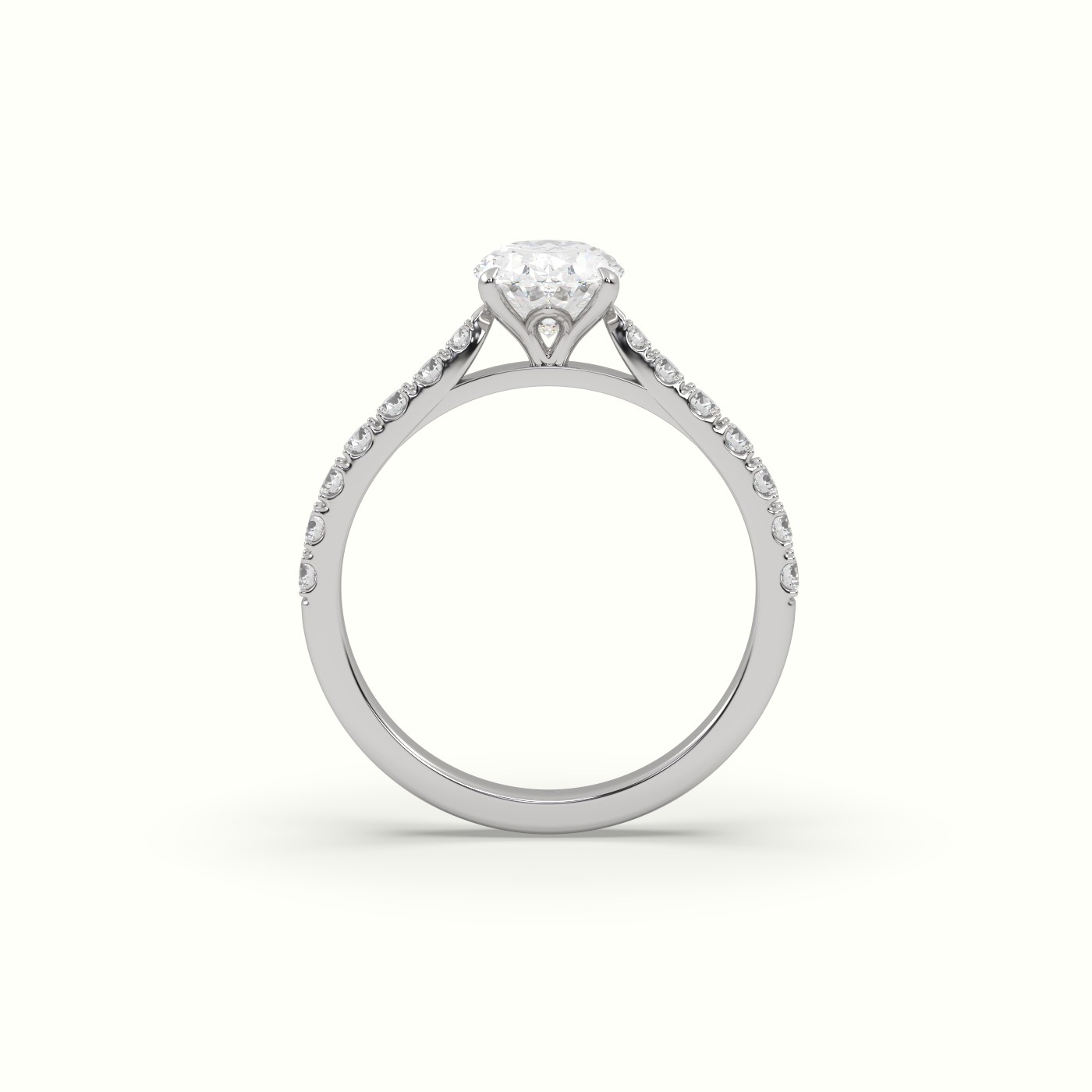 18K White Gold Oval Cut Diamond Engagement 4 round prongs Ring with Pave Set